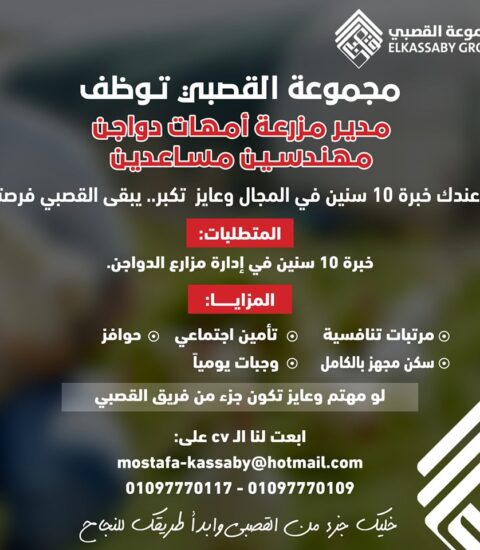 مجموعة القصبي تعلن عن احتياجها إلى وظيفة "مدير مزرعة أمهات ومهندسين مساعدين "