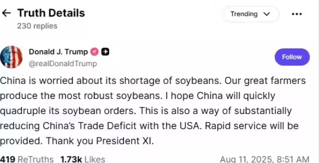 ترامب يحث الصين على زيادة وارداتها من فول الصويا الأمريكي