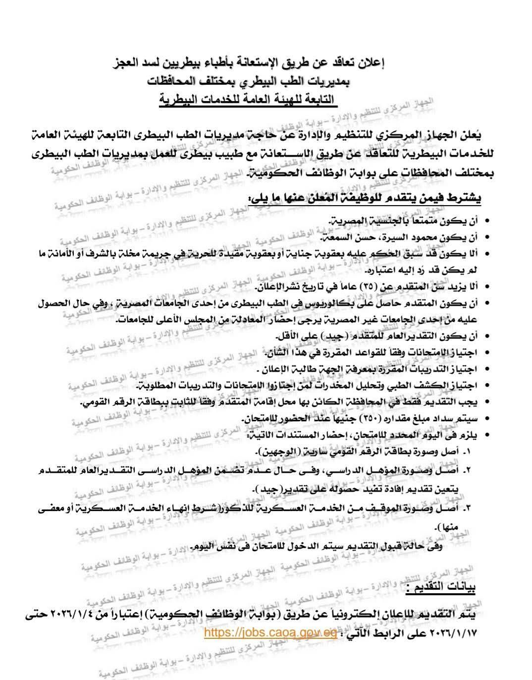 المركزي للمحاسبات يعلن عن وظائف للأطباء البيطريين في مديريات الطب البيطري بمختلف المحافظات